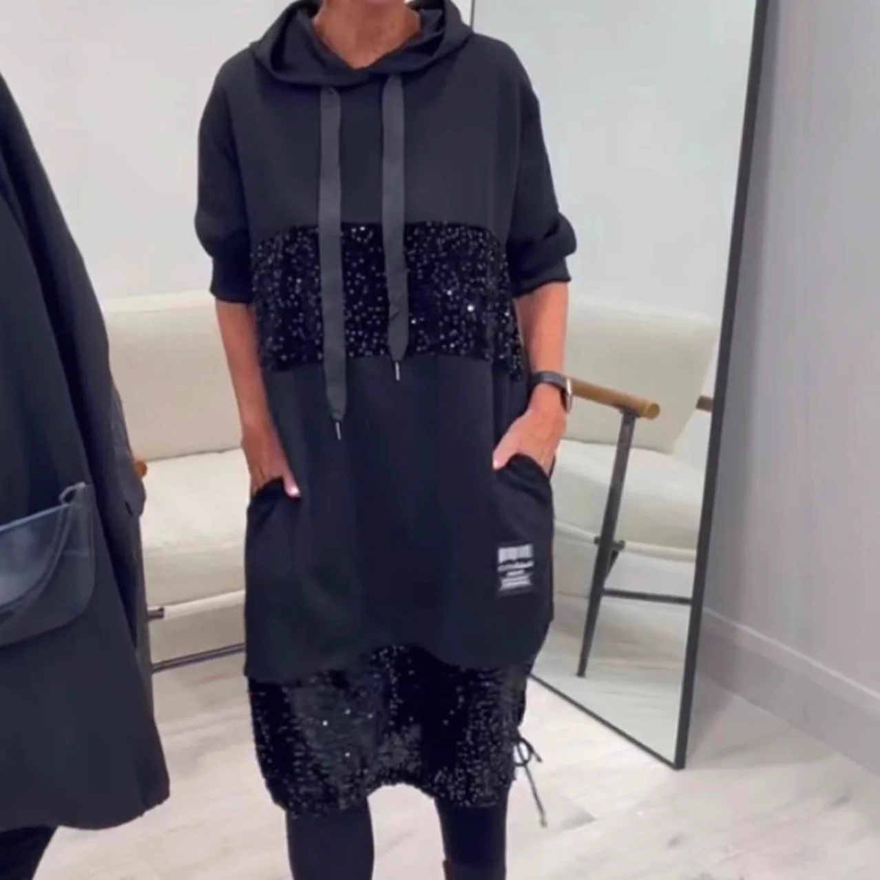 Damen-Sweatshirt mit Kapuze, Kordelzug, Pailletten-Patchwork, locker, schlankmachend, bequem, lässig, vielseitig, mit Taschen, Midi-Hoodie-Kleid