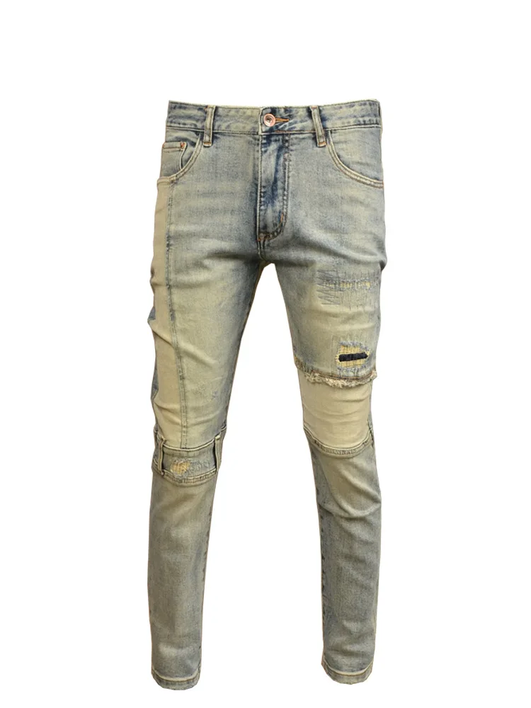 Nostalgic Retro Yellow Mud Color Ripped Stitching Jeans Men's Fashion Elastic Slim Fit Skinny Stitching Motorcycle Style Pants