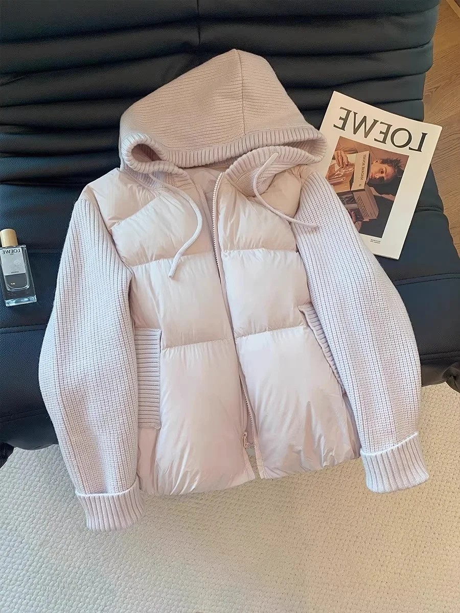 

Korean Sle Large Size Knitted Splicing Hooded Cotton Jaet Women's Winter Design Sweet Anti-Aging Outerwear