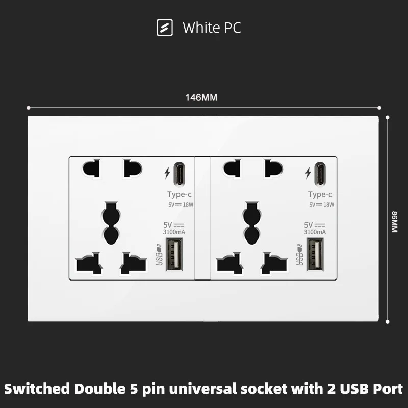 Depoguye UK standaard USB stopcontact, USB-stekker universeel 5-gaats stopcontact, 220v naar usb Type-c telefoonoplaadaansluiting 146 mm * 86 mm