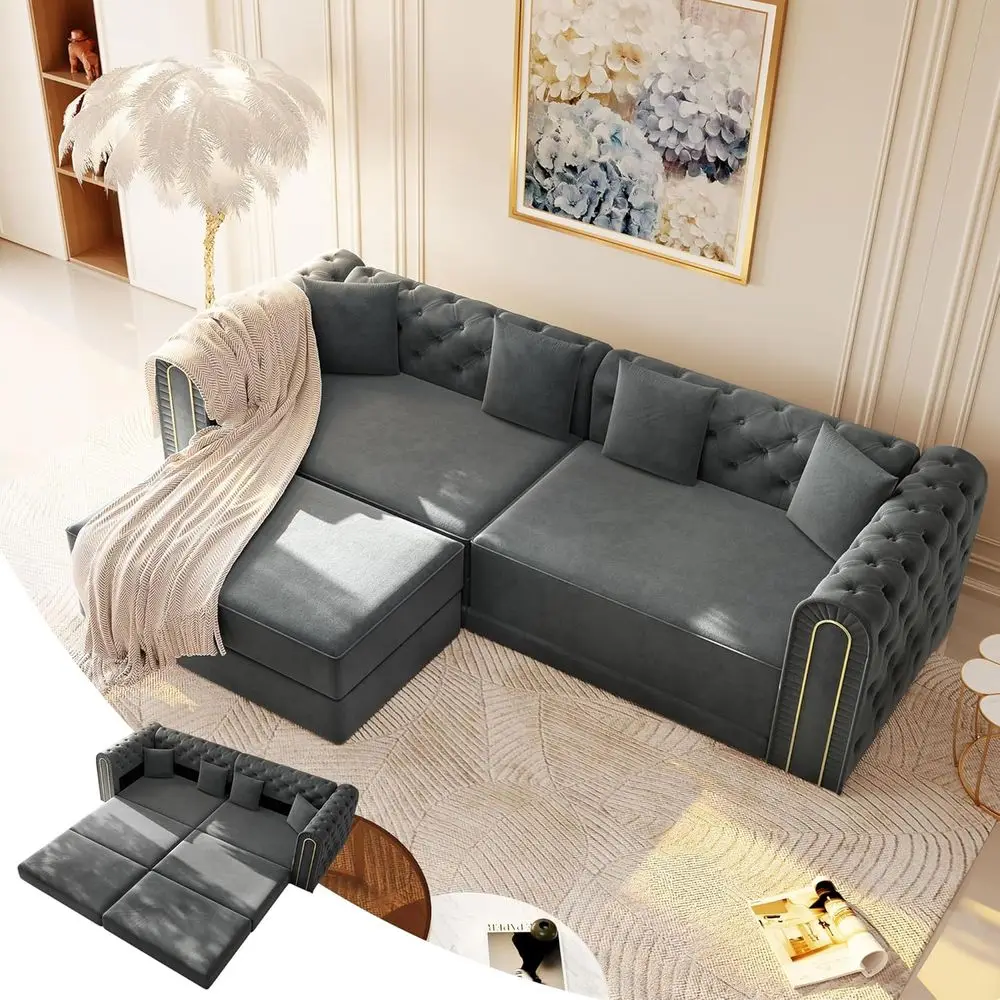 

90.6'' uton Soa Bed, Chesterield Velvet Sleeper Soa, Convertible loor L-Shaped Couch, Tuted Back, 4 Pillows, Gold Edge Trim, Dee