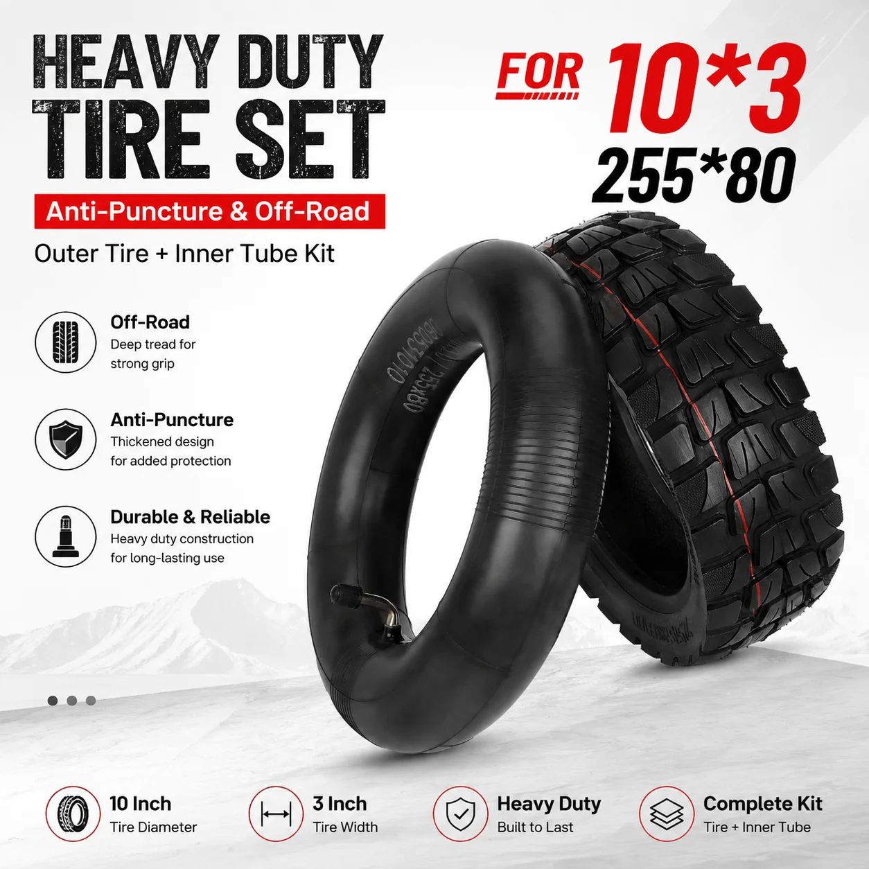 

10*3 255*80 Heavy Duty Tire Set, Anti-Puncture Off-Road Outer Tire + Inner Tube Kit for Electric Scooter