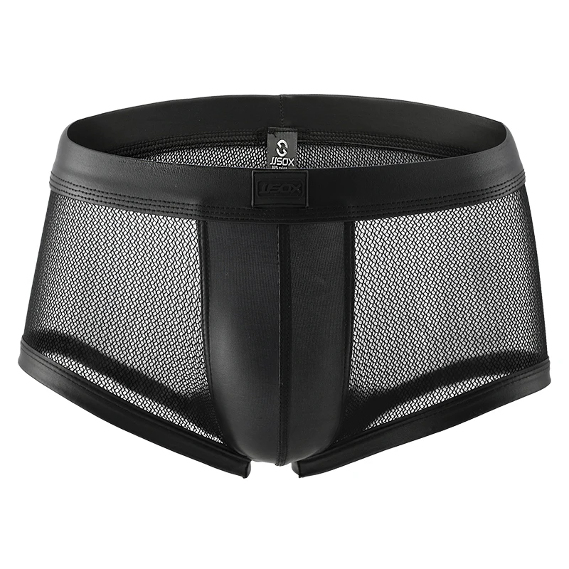 

Men's Sexy Black PU Leather Mesh Boxer Briefs Underwear See Through Breathable Fishnet Trunks High Quality Panties Stage Costume