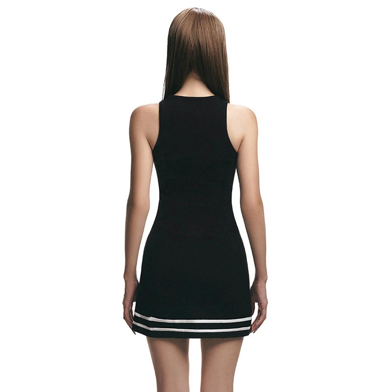 Mini vestido retro impresso colarinho U, sexy sem mangas cintura alta a linha vestido desportivo