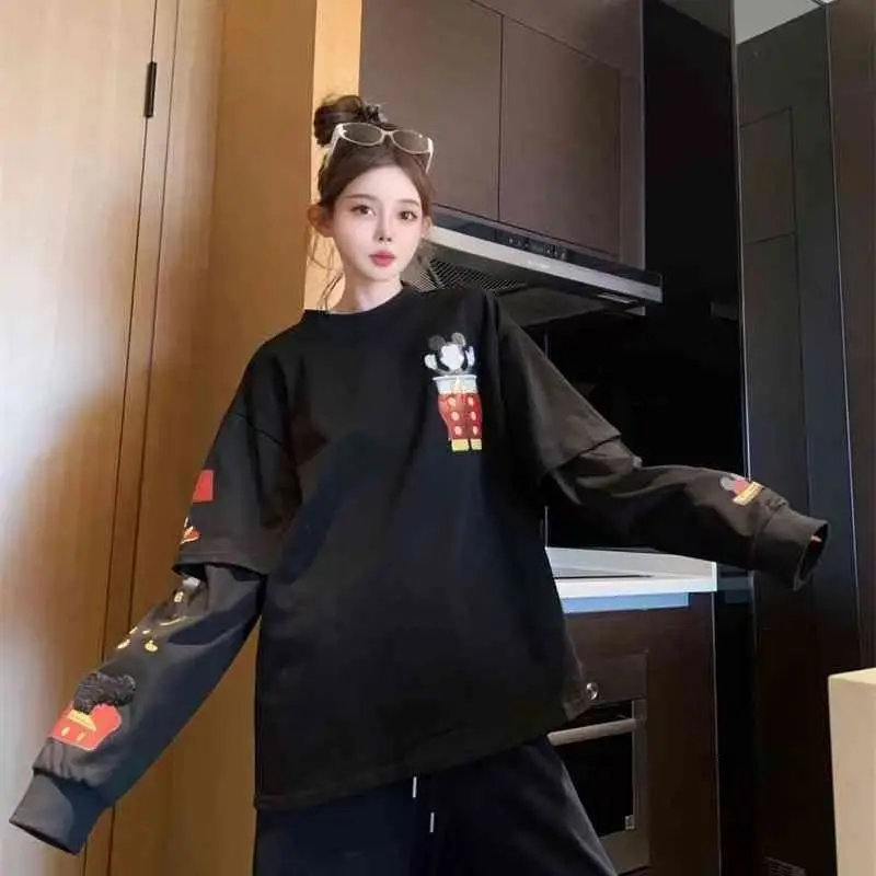 

K-Style Cartoon Print Fake Two-Piece Hoodie | Head-Turning Winter Streetwear Must-Have for Women