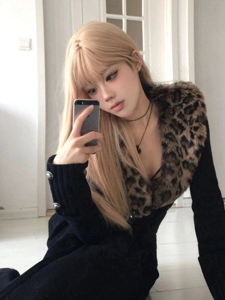 Detachable Leopard Print Fur Collar Tops Mujer Autumn Winter New Slim Fit Sweaters Black Long Sleeve Cardigan Women