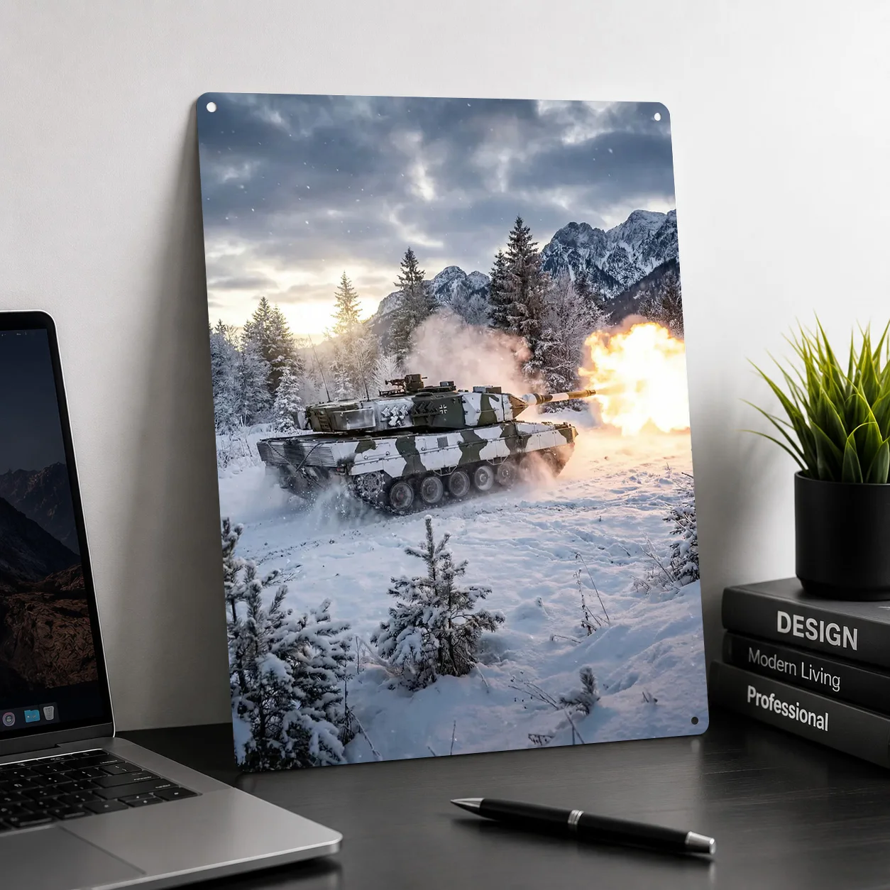 Leopard 2 Tank Fires in Snowy Mountains 3D Texture Metal Poster Customized Wall Art Tin Sign Gift for Mancave Living Room Decor
