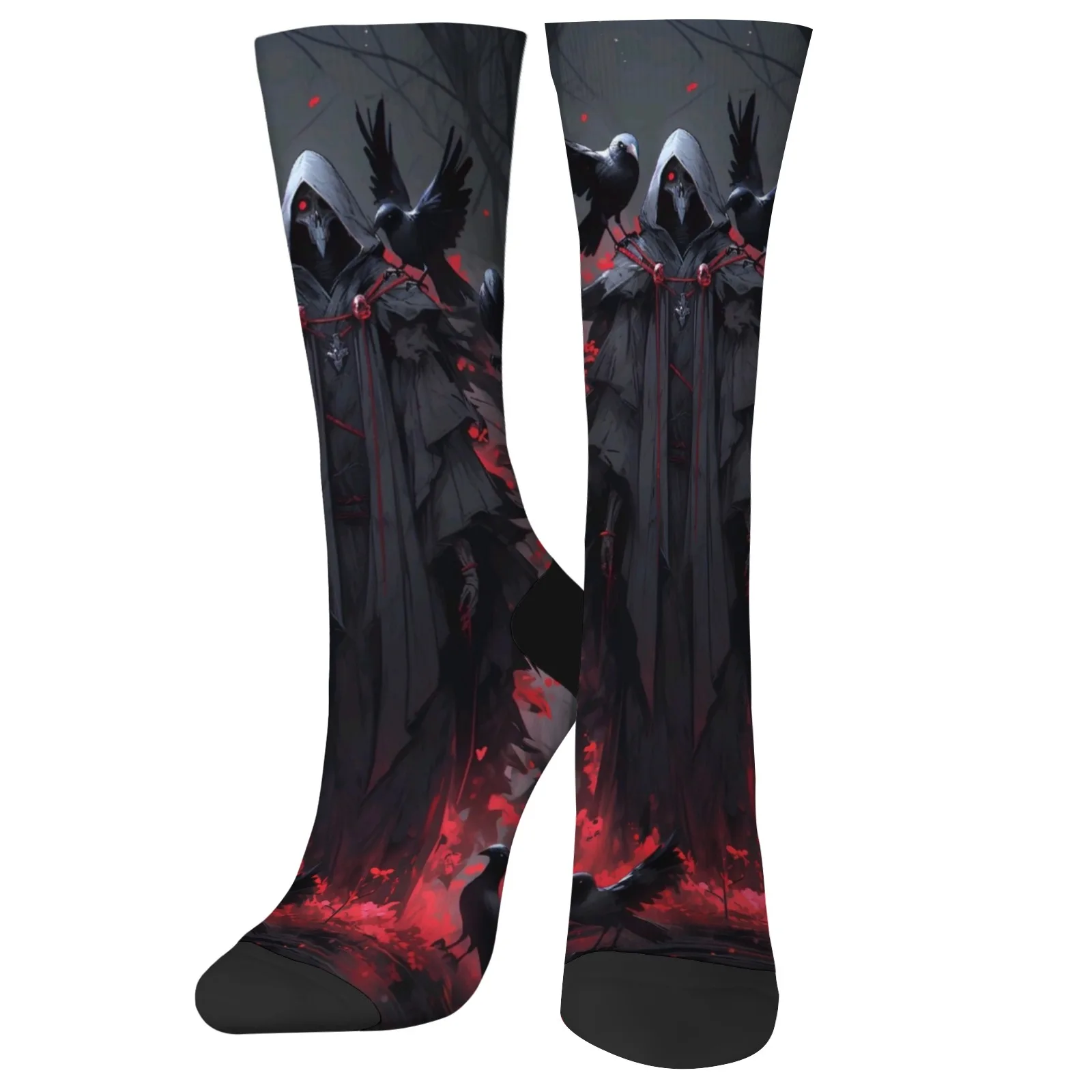 

Gothic Grim Reaper Novelty Socks Dark Cloak Figure and Raven Print Mysterious Street Punk Style Soft and Comfortable Unisex
