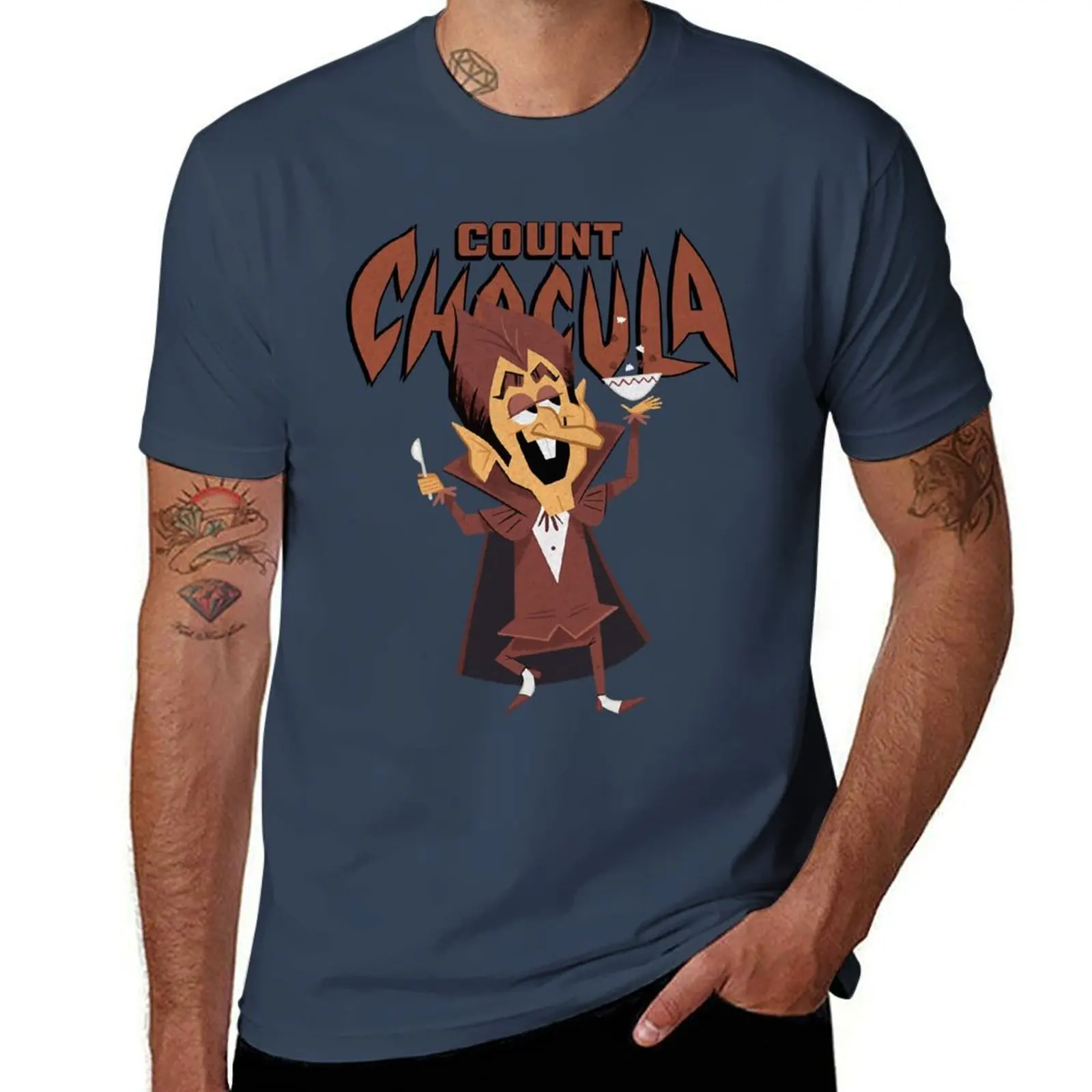 

Classic 70s Count Chocula Monster Cereal Mascot and Logotype Sticker T-Shirt Moisture Control Sports Tee