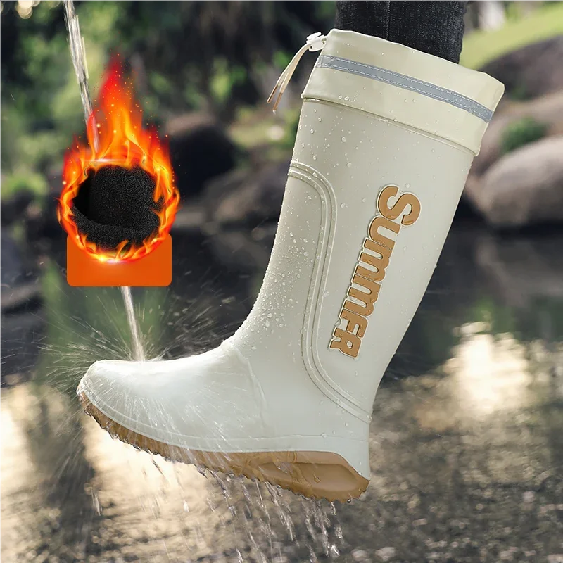 Men's hight top casual cotton rain boots winter waterproof anti-slip outdoor wading water shoes warm plush car wash rain shoes
