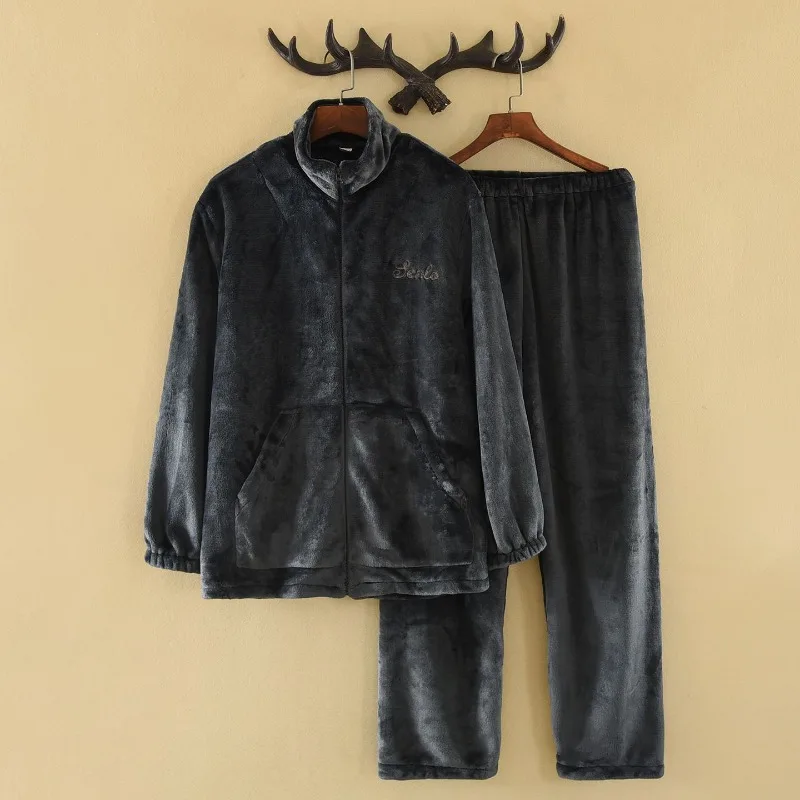 Zipper Short Fleece Coral Fleece Pajamas Men's Winter Flannel Thickened Plush Warm Can Be Worn Outside Loungewear New Underwear
