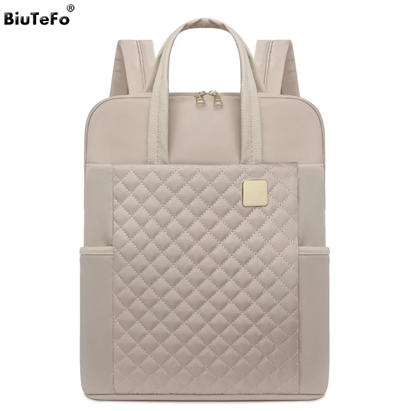 Fashion Plaid Backpack Women Waterproof Nylon Daypack Commuter Laptop Bag Lightweight Student Schoolbag Large Travel Rucksack