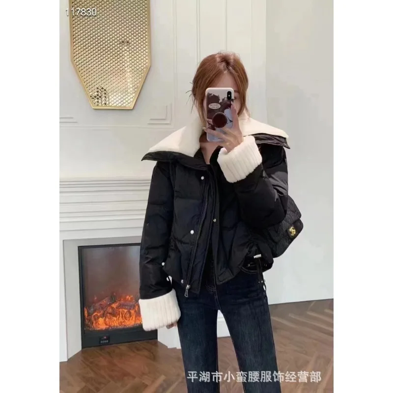 Ropa de mujer invierno nueva chaqueta de plumón abrigo Tops cortos cálido Petite cuello grande plumón de pato blanco moda Color sólido