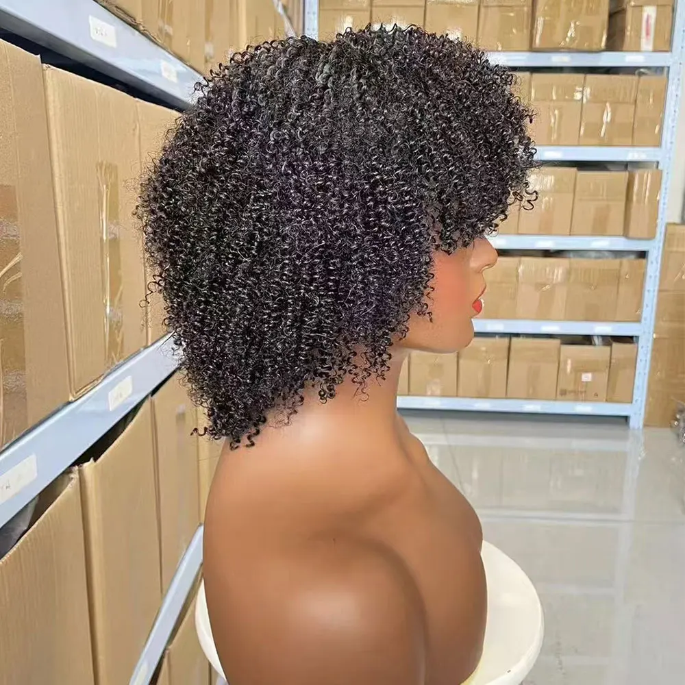 4A Afro Kinky Curly Wigs Human Hair Short Curly Human Hair Wig with Bangs Machine Made Short Kinky Curly Wigs for Black Women
