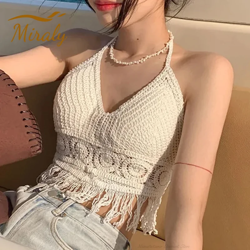 

Sexy Knit Backless Short Crop Top for Women Boho Beach Hollow Out Crochet Tassels Hem Halter Bras Bustier with Chest Pads Tank