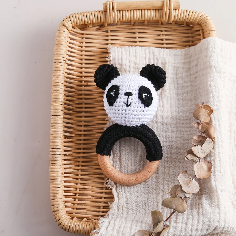 Let's Make Häkeln Tier Panda Rassel Spielzeug Schnuller Armband Holz Beißring Ring Baby Produkt Mobile Kinderwagen Krippe Holz Spielzeug Geschenke