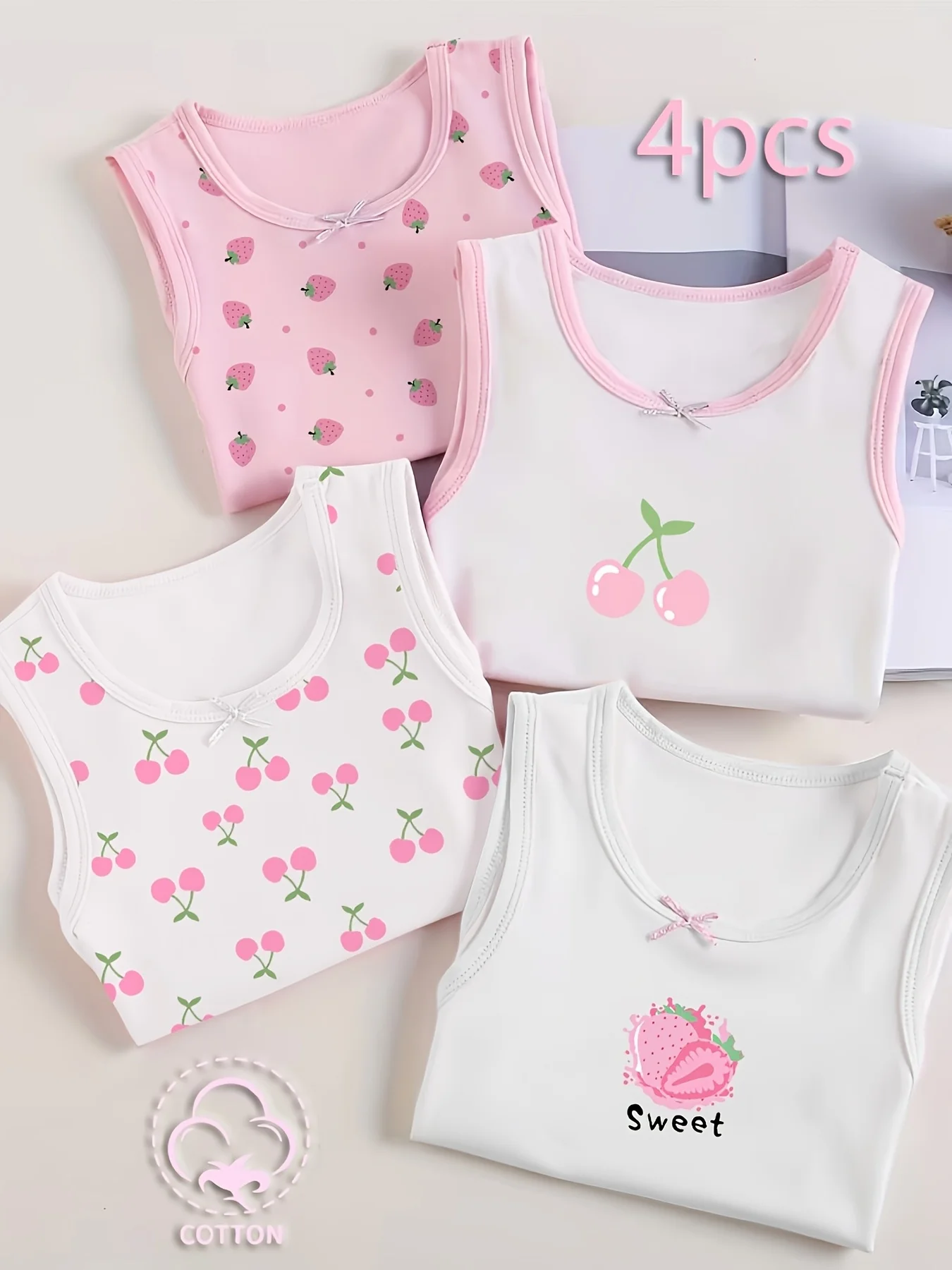 Four-Piece Set of Cute Strawberry and Cherry Fruit Series Printed Multi-Color Vests for Girls, Suitable for Wearing Inside or Outside as Base Layer Underwear