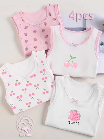 Four-Piece Set of Cute Strawberry and Cherry Fruit Series Printed Multi-Color Vests for Girls, Suitable for Wearing Inside or Outside as Base Layer Underwear