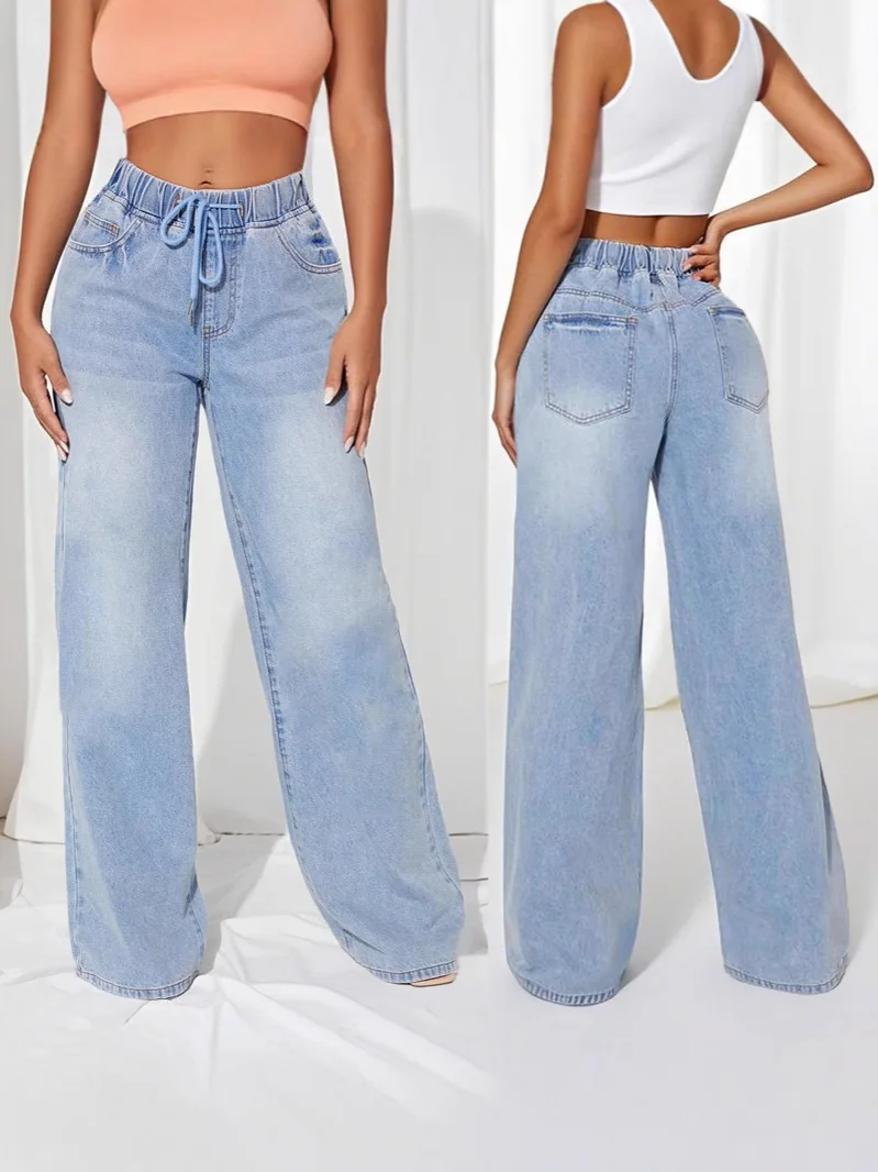 Fashion Women's High Waist Trousers Silm Loose Straight-leg Denim Pants Straight Leg Loose Pants