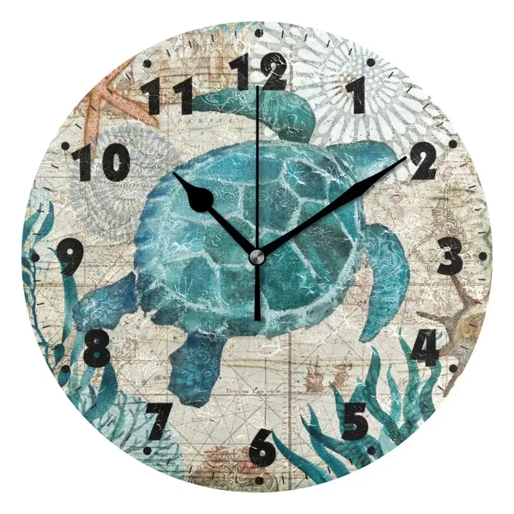 Vintage Turtle Starfish World Map Wall Clocks Silent Non Ticking Round Clock Battery Operated 9.8 Inch Quiet Desk Clock for Kids