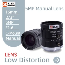 ZLKC C Mount Lens 16mm Low Distortion CCTV 5MP F1.6 Aperture 5Megapixel Machine Vision Manual Iris FA for Industrial Camera Lens