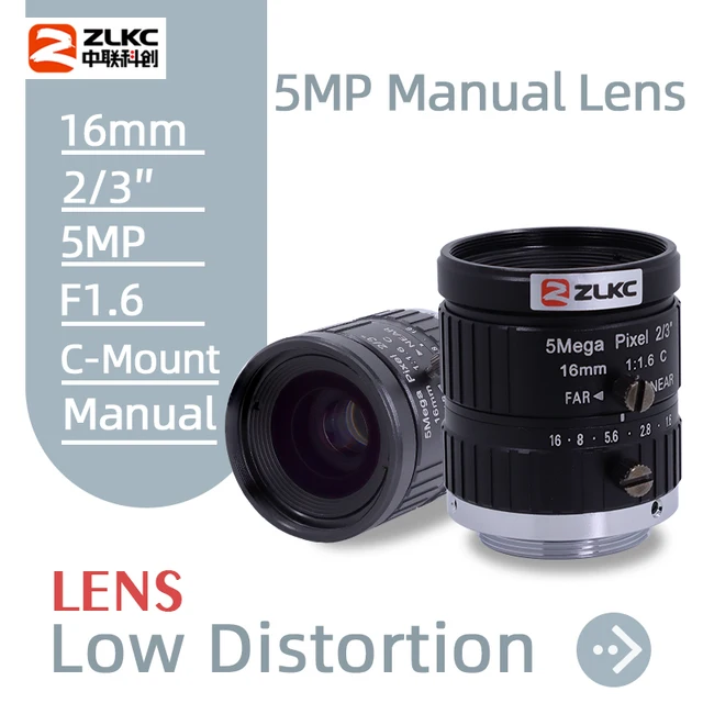 Obiektyw ZLKC z mocowaniem C, 16mm, niskie zniekształcenia, CCTV, 5MP, przysłona F1.6, 5 megapikseli, do wizji maszynowej, ręczna przysłona, FA, do obiektywów kamer przemysłowych