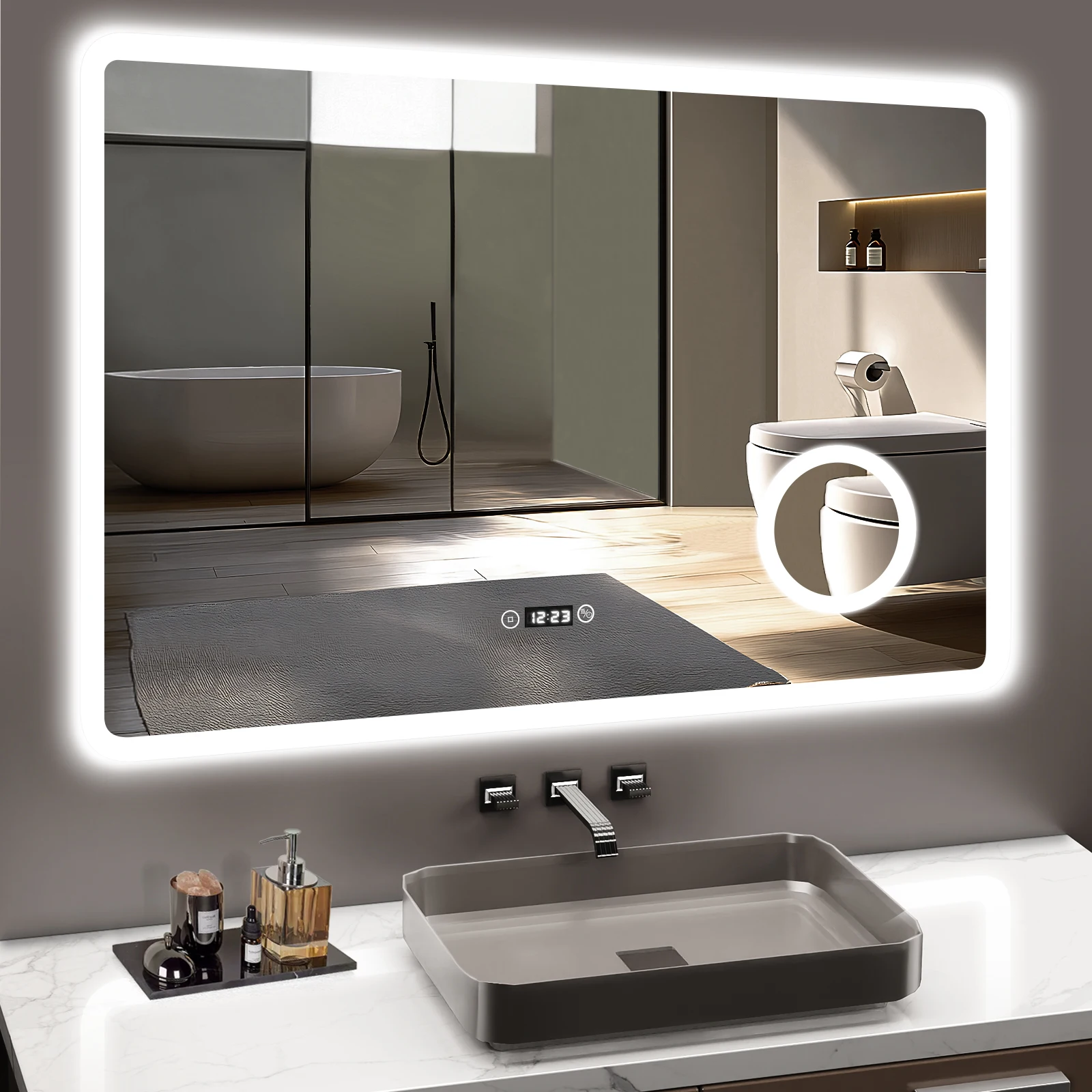 Image of LED-Badezimmerspiegel mit Uhr, 3 Lichtfarben, Dimmbar, 3-fache Vergrößerung, Anti-Hardware-Funktion, Speicherfunktion, IP44 Wasserdicht, 80x60