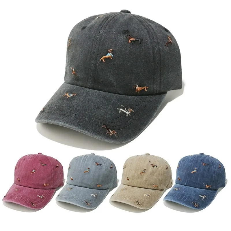 Outdoor Washable Soft-Top Baseball Cap with Embroidered Puppy Design Vintage Street Style Distressed Duckbill Cap for Women