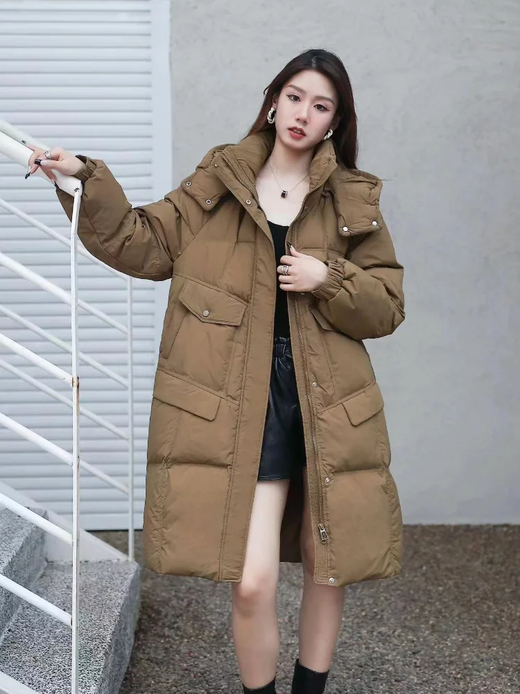 

New Winter Women's Jackets 2024 White Duck Down Long Down Coats Fashion Hooded Knee-length Thickening Loose Casual Warm Overcoat