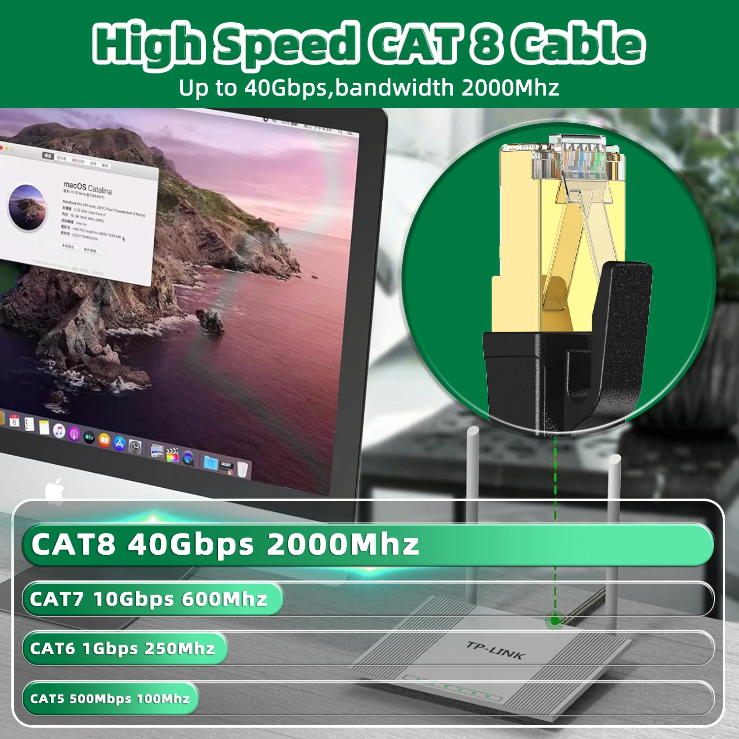 Cable Ethernet trenzado de nailon CAT 8, Cable Lan RJ45 de alta velocidad, 40Gbps2000MHz, Cable de conexión Lan para enrutador, módem, Internet Cat8