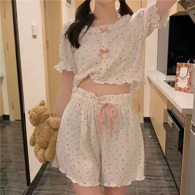 Summer Girls Short Sleeves 2/pce Pajama Lady Floral Print Casual Loose Pajama Loungewear Women Lace Bows Indoor Sleepwear Pajama