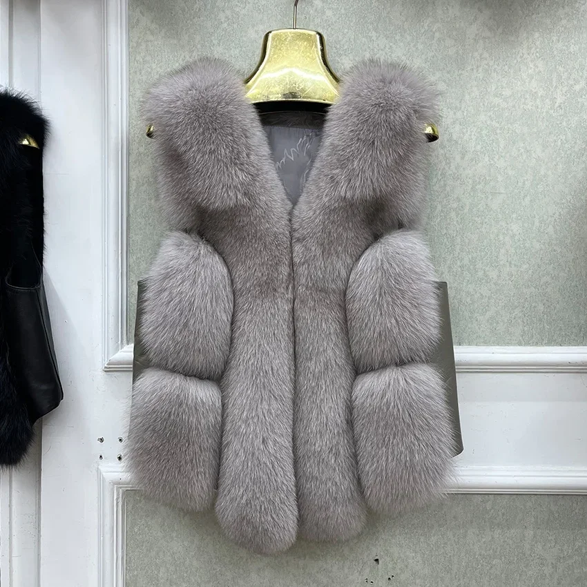 2024 Nuovo Autunno Inverno Caldo Cappotto da Donna Naturale Reale Gilet di Pelliccia di Volpe di Spessore di Media Lunghezza Gilet di Lusso Giacca Femminile Streetwear