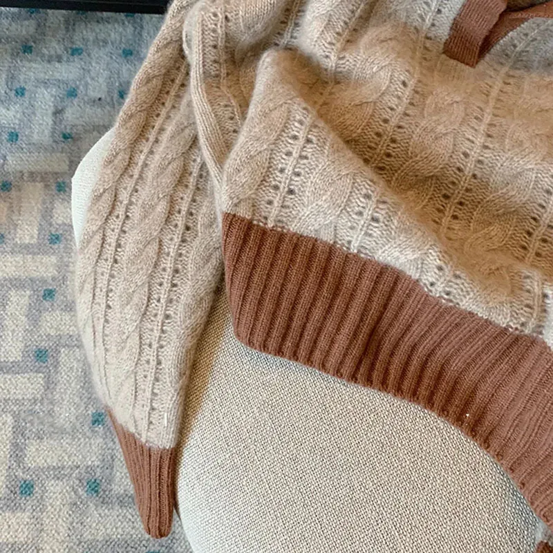 여성용 빈티지 할로우 아웃 풀오버 스웨터, 턴다운 칼라 니트웨어 점퍼, 긴팔 니트 상의, 패널 컬러