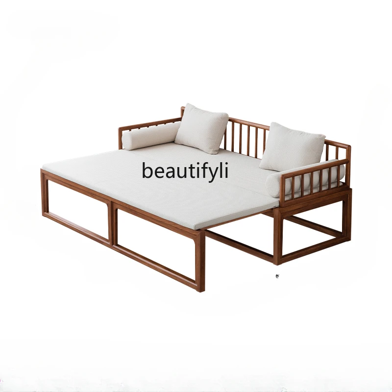 

New Chinese Style Solid Wood Bed with Rollers Simple Chaise Bed Old Elm Zen Sofa Bed