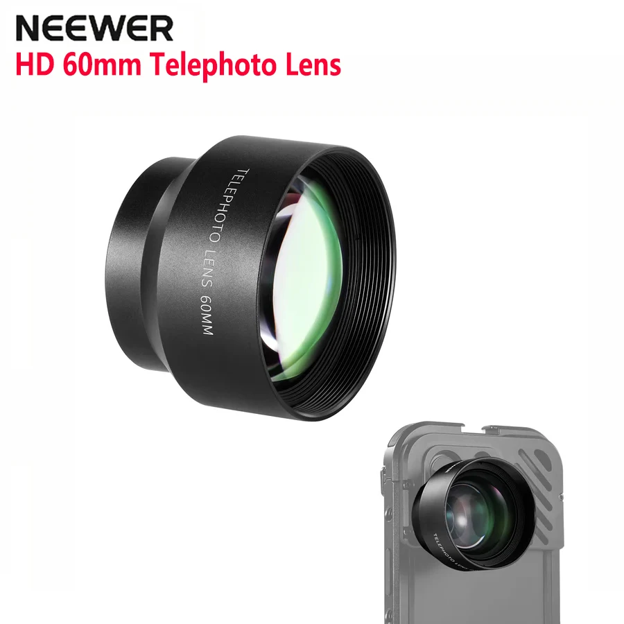 NEEWER HD 60mm Telephoto Lens 2X Magnification for iPhone 15 pro Max/Samsung/Xiaomi Phone Cage Case with 17mm Lens Adapter