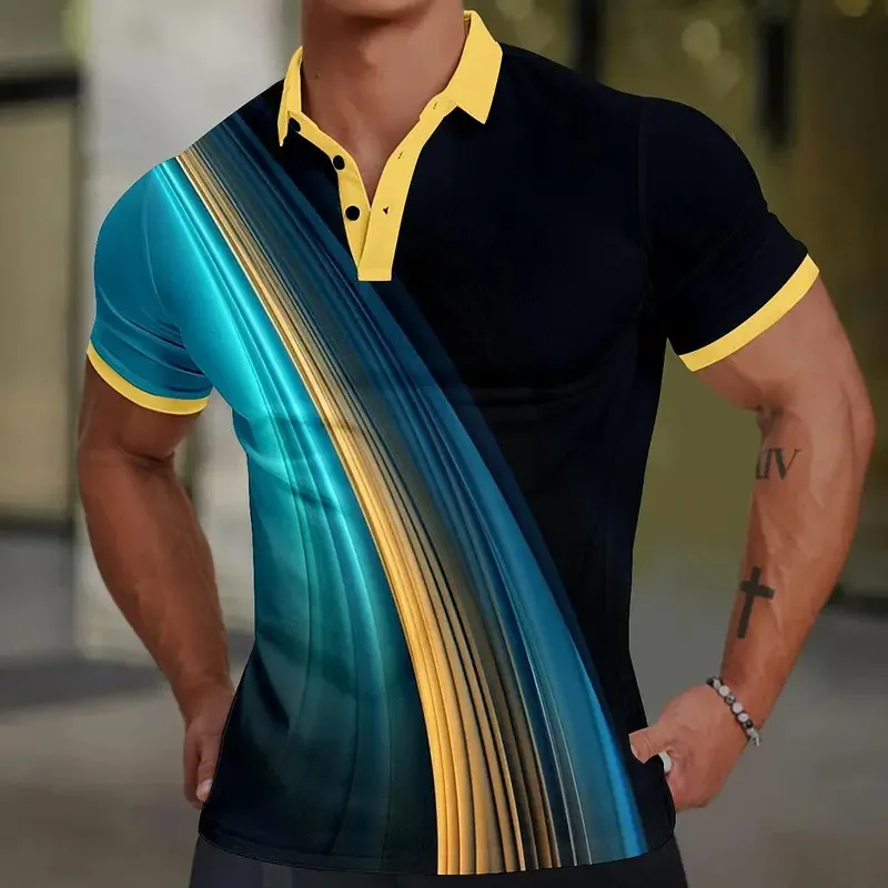 Colored Line men's 3D Printed Polo shirt, short-sleeved Polo shirt, men's Fashionable clothing, Loose Oversized Golf Sport
