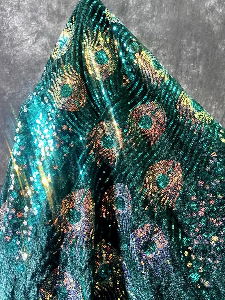 孔雀の羽のような輝きのベルベット刺繍レース生地、ウェディングドレス、パフォーマンスガウン用、光沢のある生地ロール、diy衣類用