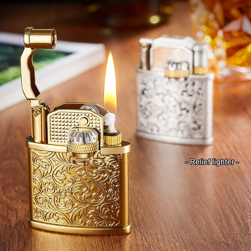 

New Retro Metal Relief Lighter with Mechanical Sliding Ignition Fuel Carving Tang Grass Pattern Lighter High-end Men's Gift