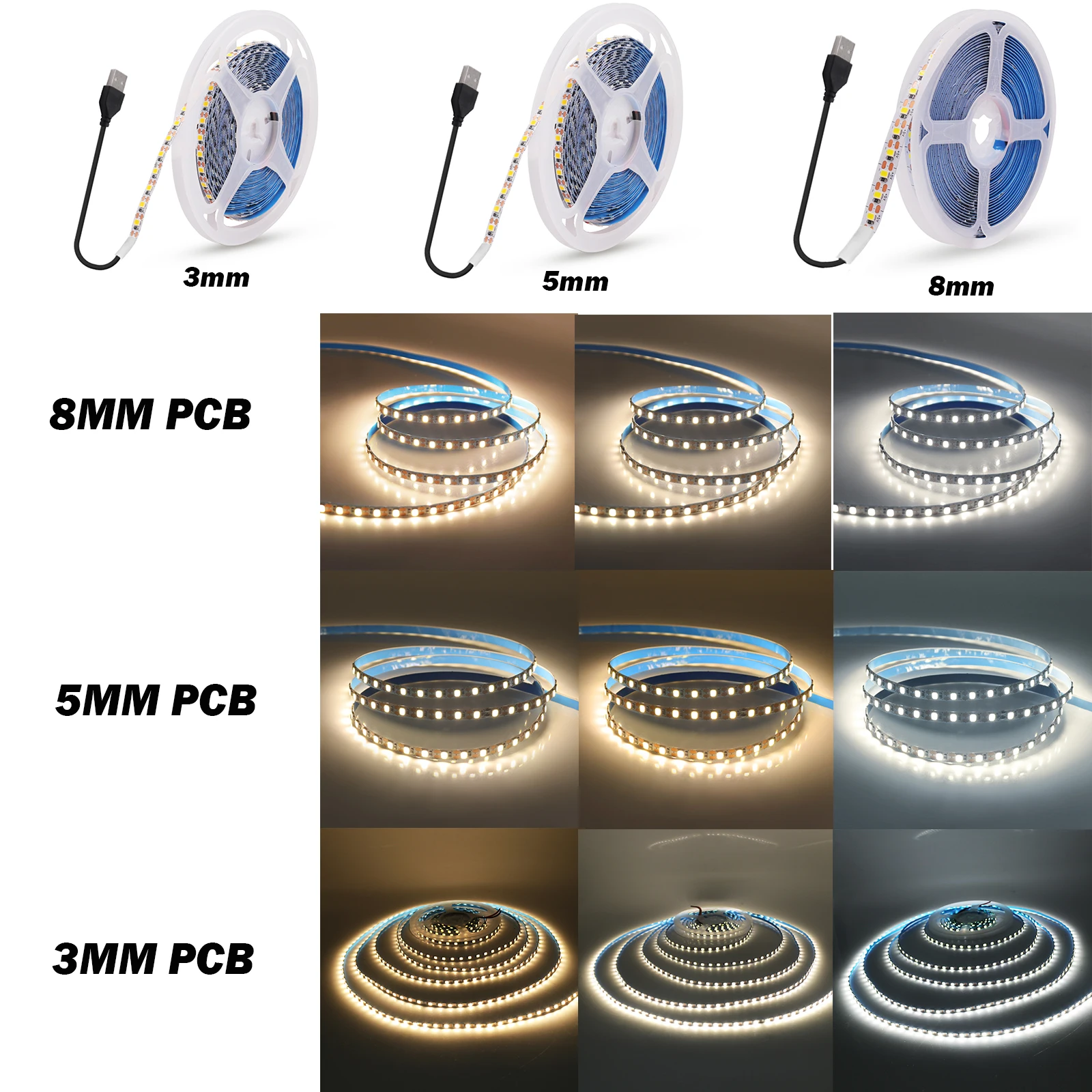 5V USB LED 스트립 라이트 SMD2835 3mm 5mm 8mm PCB 120Leds/m 3000K 4500K 6000K 플렉시블 양면 접착 테이프 TV 방 장식