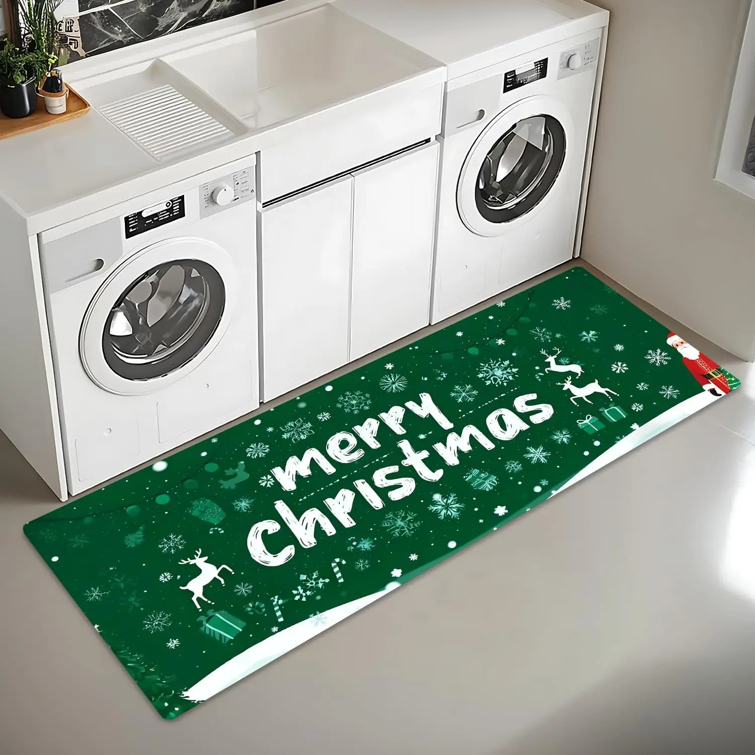 

Cheerful Green Merry Christmas Themed Kitchen Long Mat, Non-Slip Washable Durable Runner Rug for Bathroom,Kitchen, Bedroom Home