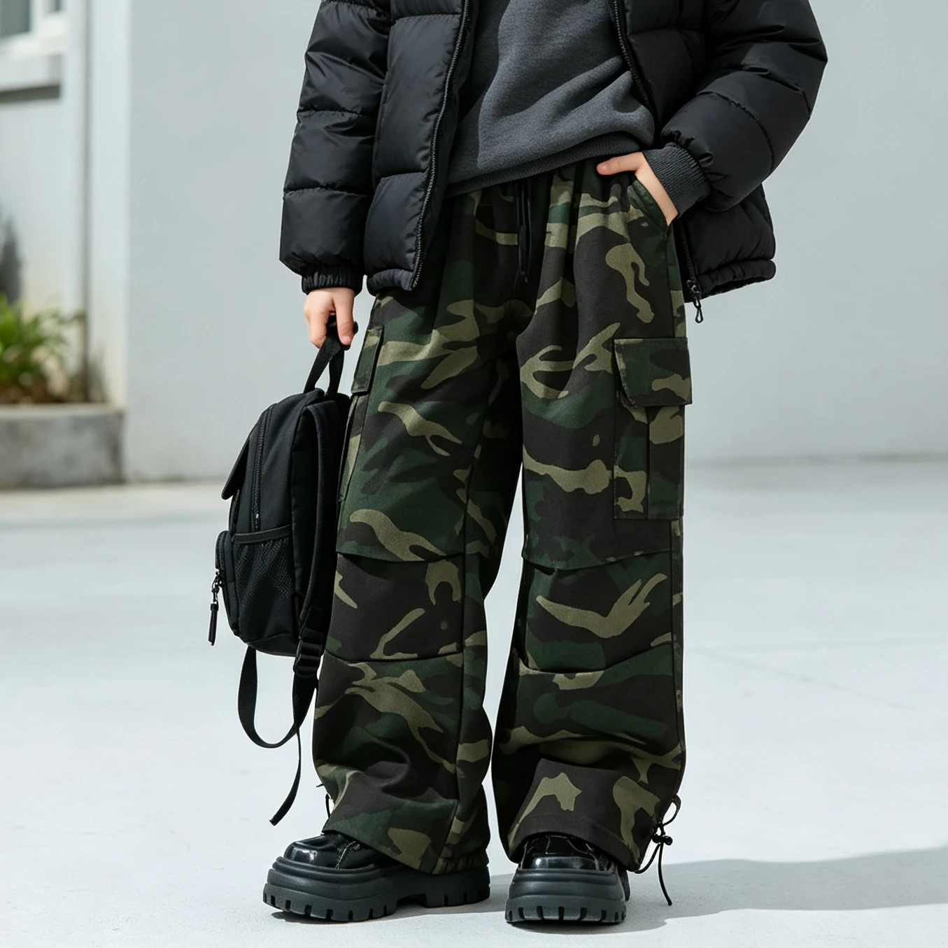 Girls Camo Cargo Pants Elastic Waist Wide Leg Trousers Kids Streetwear Loose Drawstring Casual Sweatpants Autumn Outdoor Wear