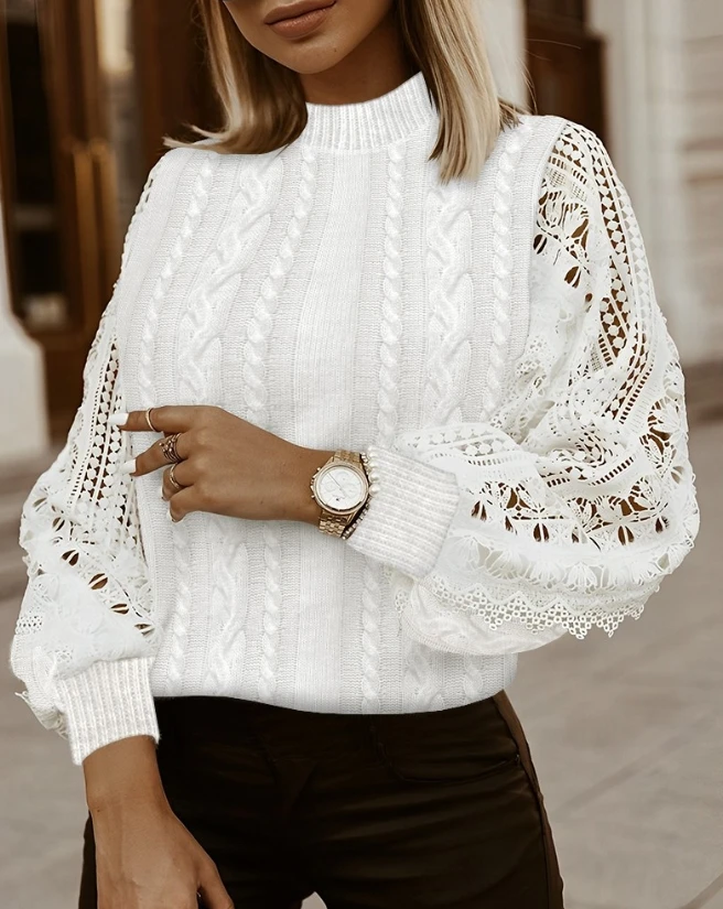 2023 Autumn Winter Spring New Fashion Casual Crochet Lace Lantern Sleeve Knit Sweater Female Clothing T-Shirts Pullover Tops