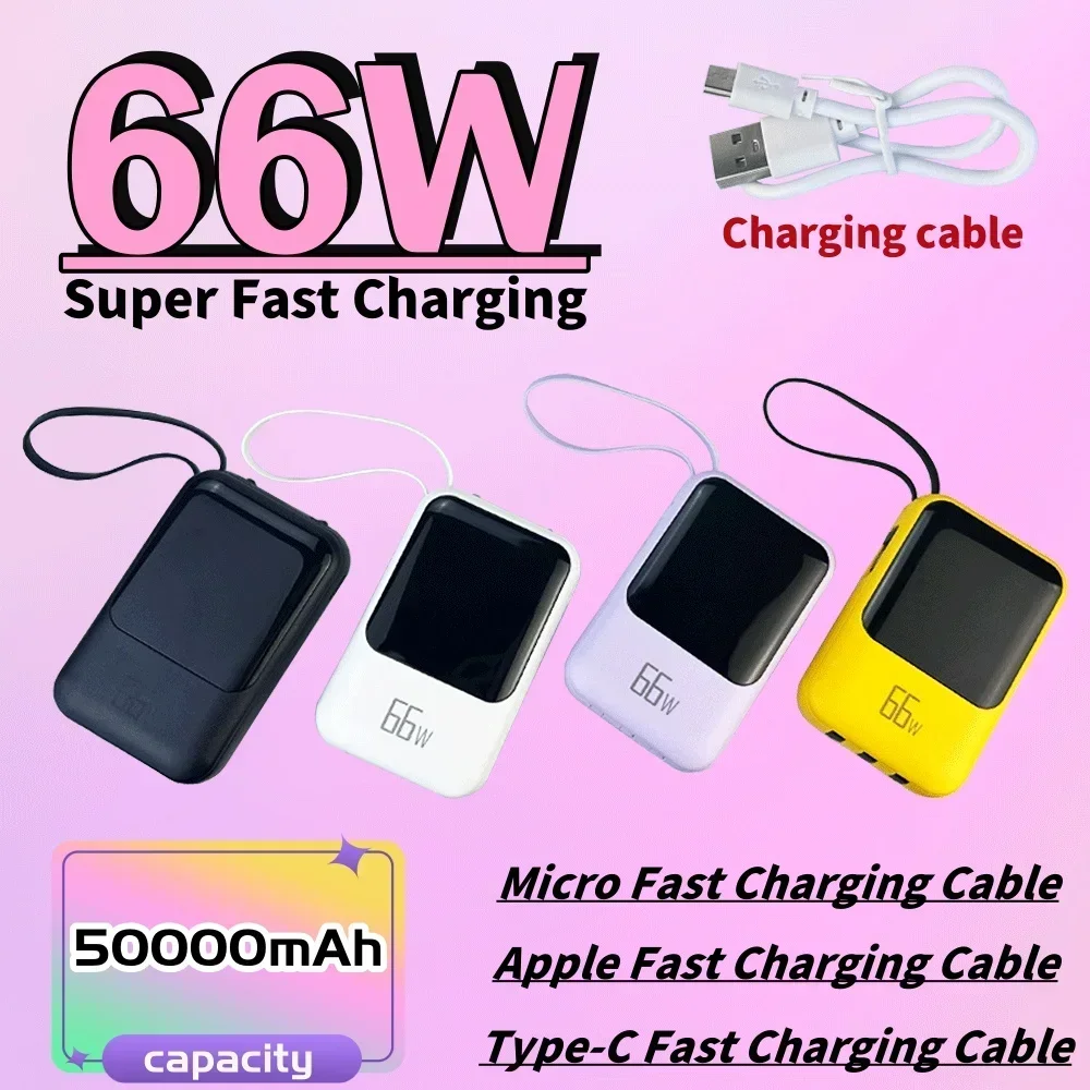 50000mAh Mobile Power Supply With Built-In Cable 66W Super Fast Charging Power Bank Waterproof Portable Mobile Phone Accessories