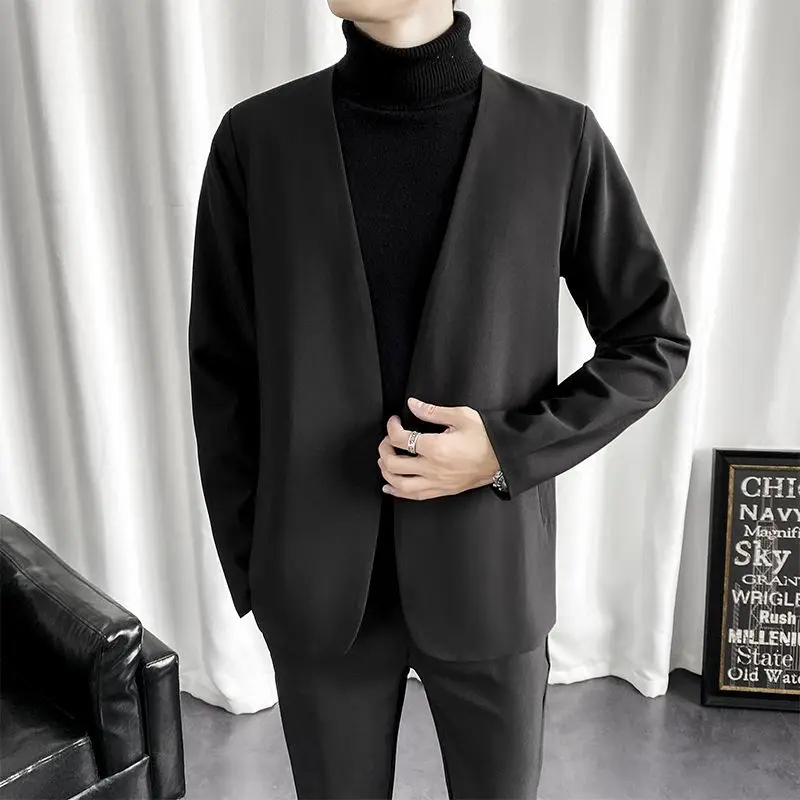 3-G30  Casual Korean style Asian trendy men's tops long sleeve collarless suit jackonality casual collarless light mature suit