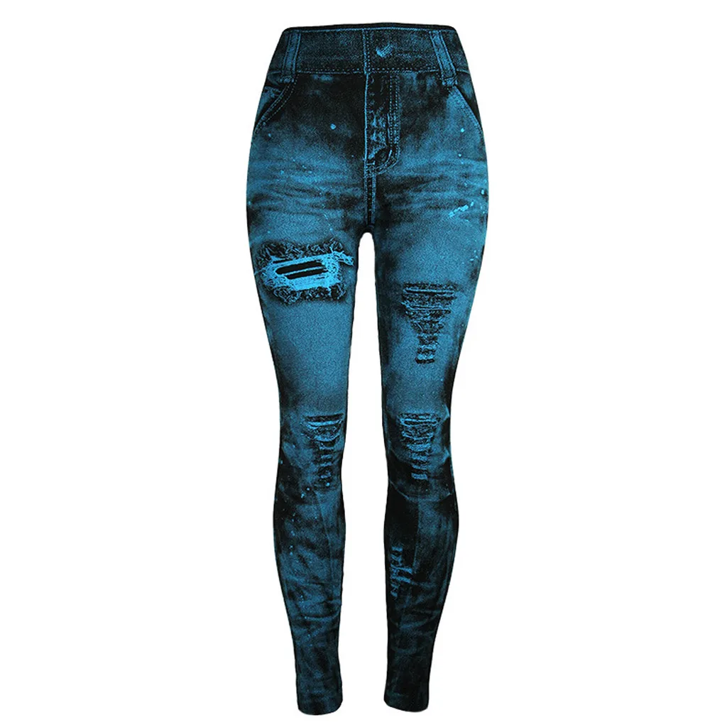 New Women Imitation Distressed Denim Jeans Leggings Casual High Waist Slim Elastic Pencil Pants Sport Leggins Femal Push Up