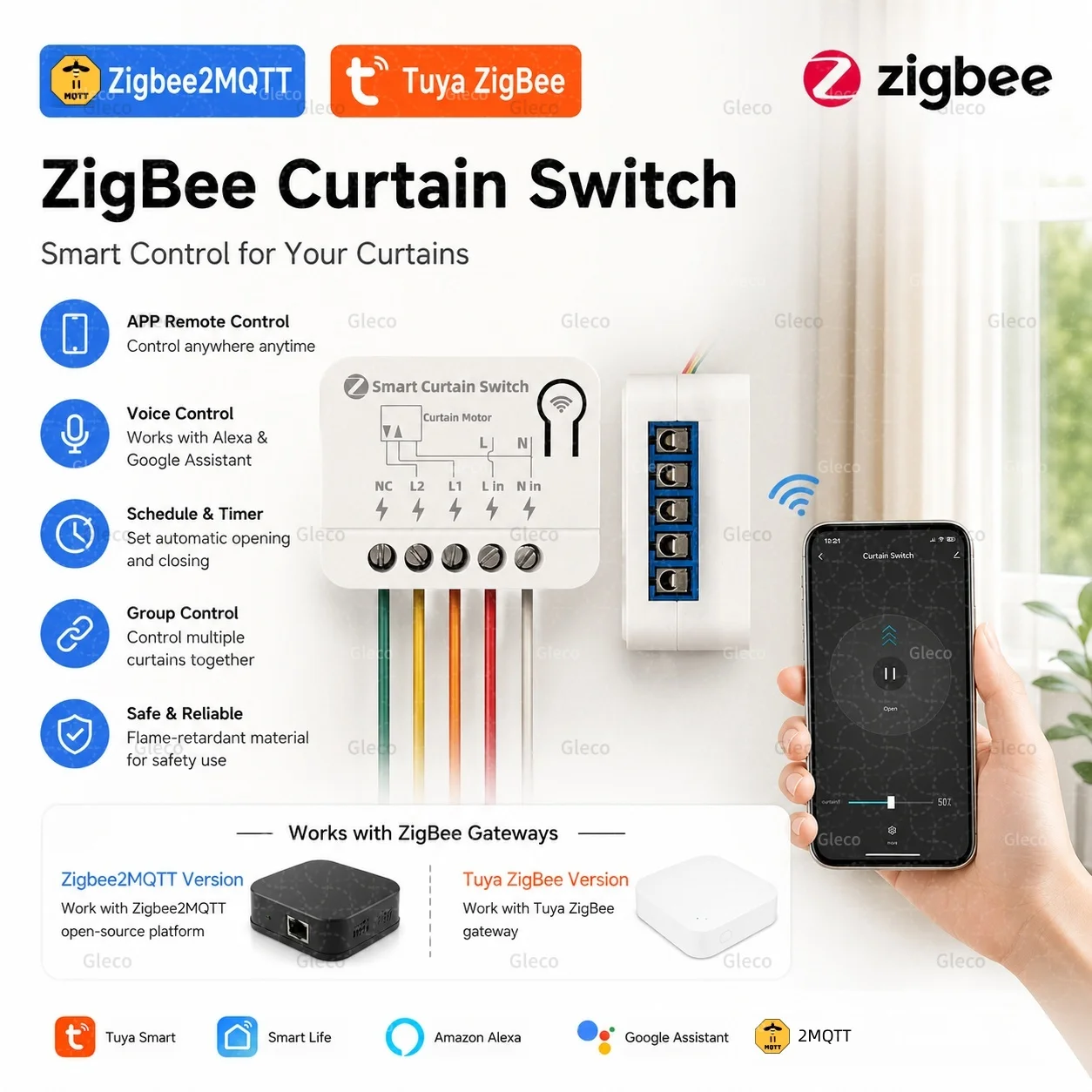 Zigbee Vorhangschalter Smart Home Relais-Schalter für Rollos und Jalousien Elektromotor Kompatibel mit Zigbee2mqtt TUYA Gateway