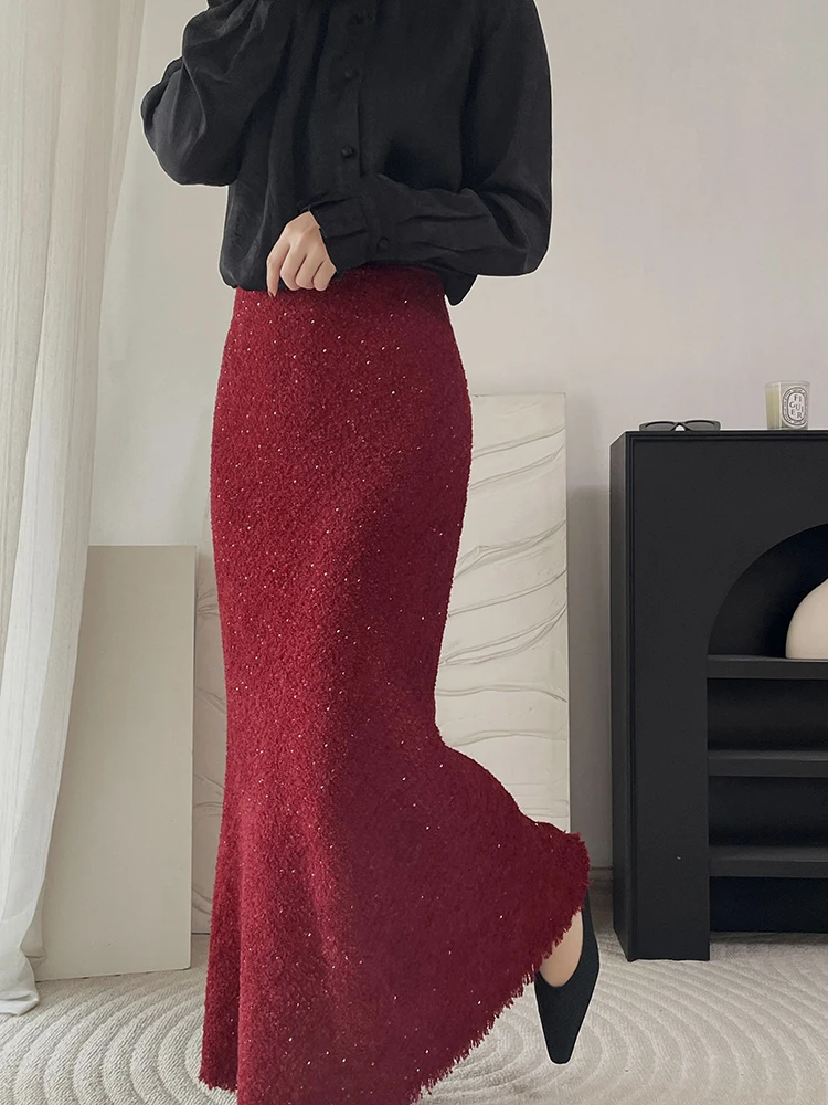 

New Year Red Woolen Tailored Skirt Sparkling Heavy Sequin Fi Tail Women's Warm Elastic Waist Skirt Faionable All-Match Sle