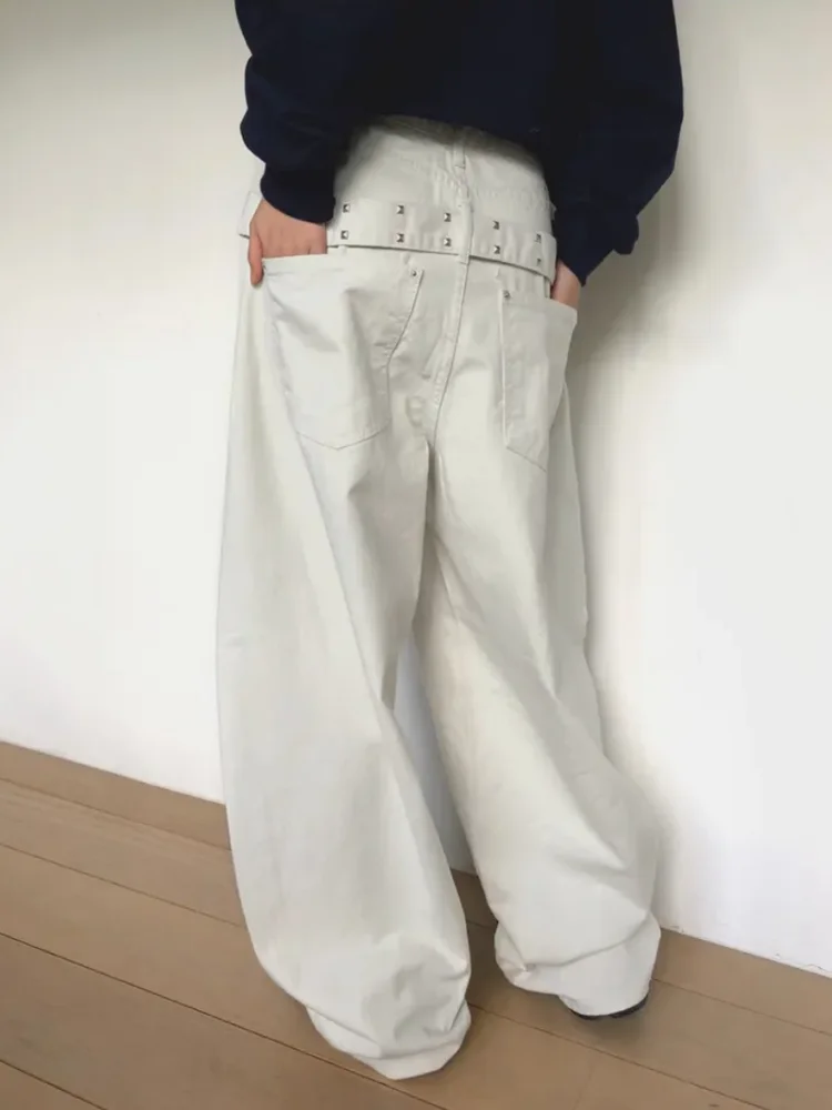 

Ретро-джинсы с декоративными заклепками, свободные широкие прямые повседневные брюки для женщин, с поясом, модные хлопковые джинсы-брюки