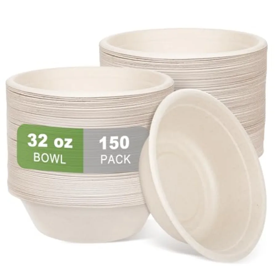 

Large Disposable Paper Bowls-32oz for Hot Soup, 150 Pack Eco-Friendly, Compostable Bagasse Disposable Heavy Duty Biodegradable