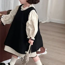 Girls Suits 2024 Autumn New Childrens Clothes Korean Style Girl Baby Retro Dress Lace Skirt Two-piece Set Casual Simple Daily